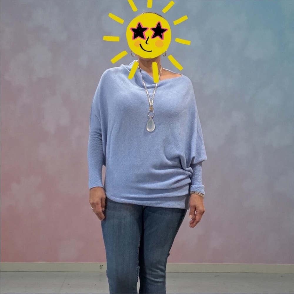 JACKIE LONDON MADE IN ITALY PERIWINKLE OFF-SHOULDER SWEATER OVERSIZED 80S VIBE